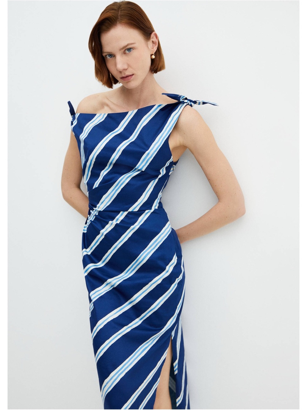 Mango Navy and Light Blue One-Shoulder Striped Midi Dress